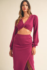 MABLE Women's Front Twisted Knit Top & Midi Skirt Set - Chic 2-Piece Outfit